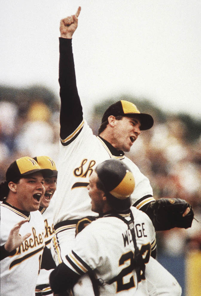 Greg Brummett and Eric Wedge celebrate the WSU baseball team's College World Series victory in 1989